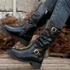 Fashion Pleated Buckle Strap Knight Boots Women Autumn Winter Brown PU Leather Mid Calf Boots Woman Zipper Thick Heel Riding Botas Mujer