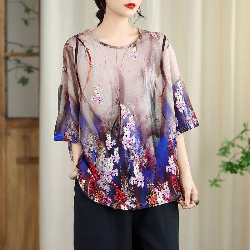 Women's Cotton Linen Printed T-Shirt Summer Thin Short Sleeve Loose Round Neck T-Shirt Top