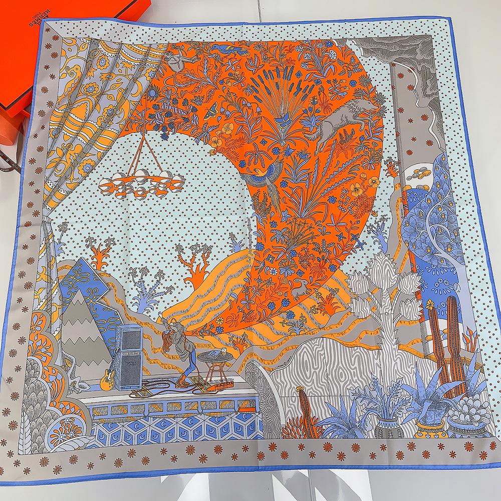 Manual Hand Rolled Twill Silk Scarf Women Concert Print Square Scarves Wraps Echarpes Curled Foulards Femme Bandana Hijabs 90CM