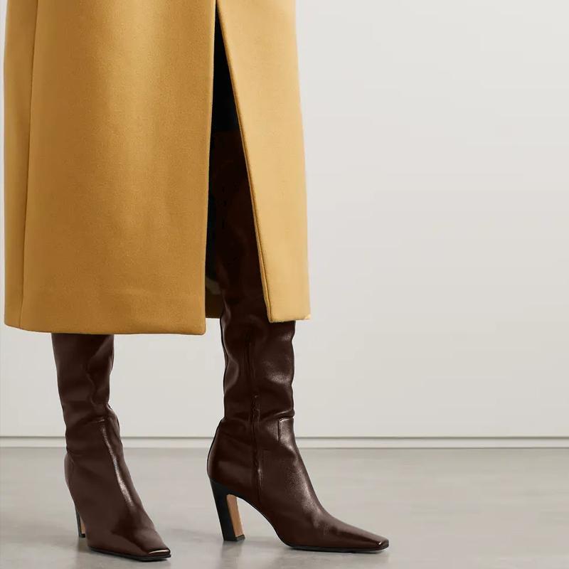Western Women's Over the Knee High Boots Genuine Leather Heels Winter Shoes Ladies Black Brown Long Chelsea Boot Big Size 45
