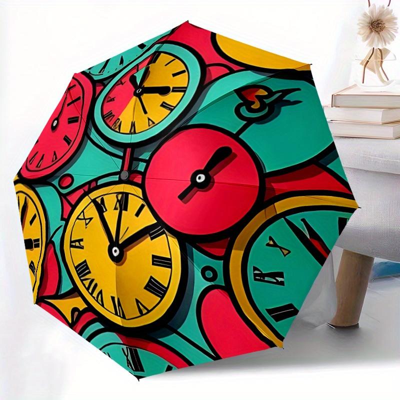 1pc Colorful Clocks Automatic Folding Umbrella - 8-Rib Iron Frame, Windproof, Portable Sunshade with Plastic Handle for Travel & Outdoor Act
