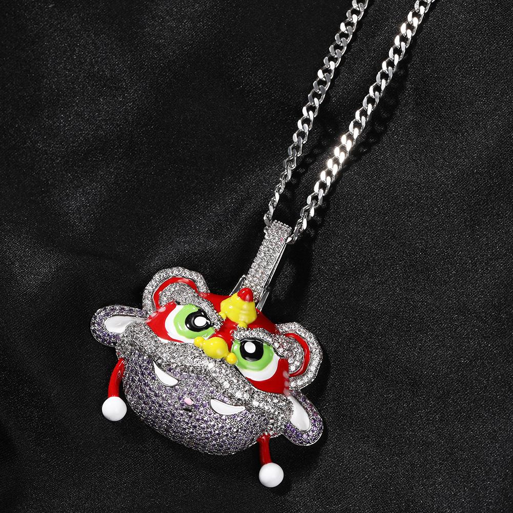 New Guochao Chinese Style Retro Lion Dance Pendant Necklace Personality Diamond Hip Hop Style Necklace
