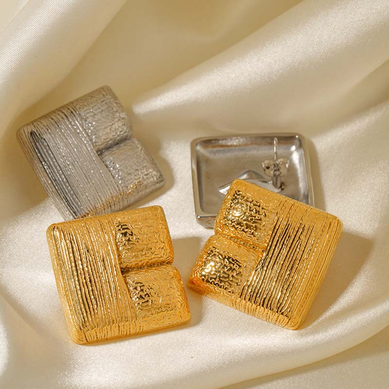 Stainless Steel Geometric Square Stud Earrings for Women Exaggerated Gold Color Irregular Textured Earrings Jewelry Party Gifts