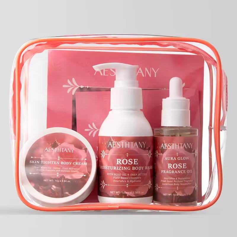 Aesthtany Rose Body Care Set - 3-In-1 Travel Kit With Body Wash, Tightening Cream & Fragrance Oil, Nourishes & Hydrates A
