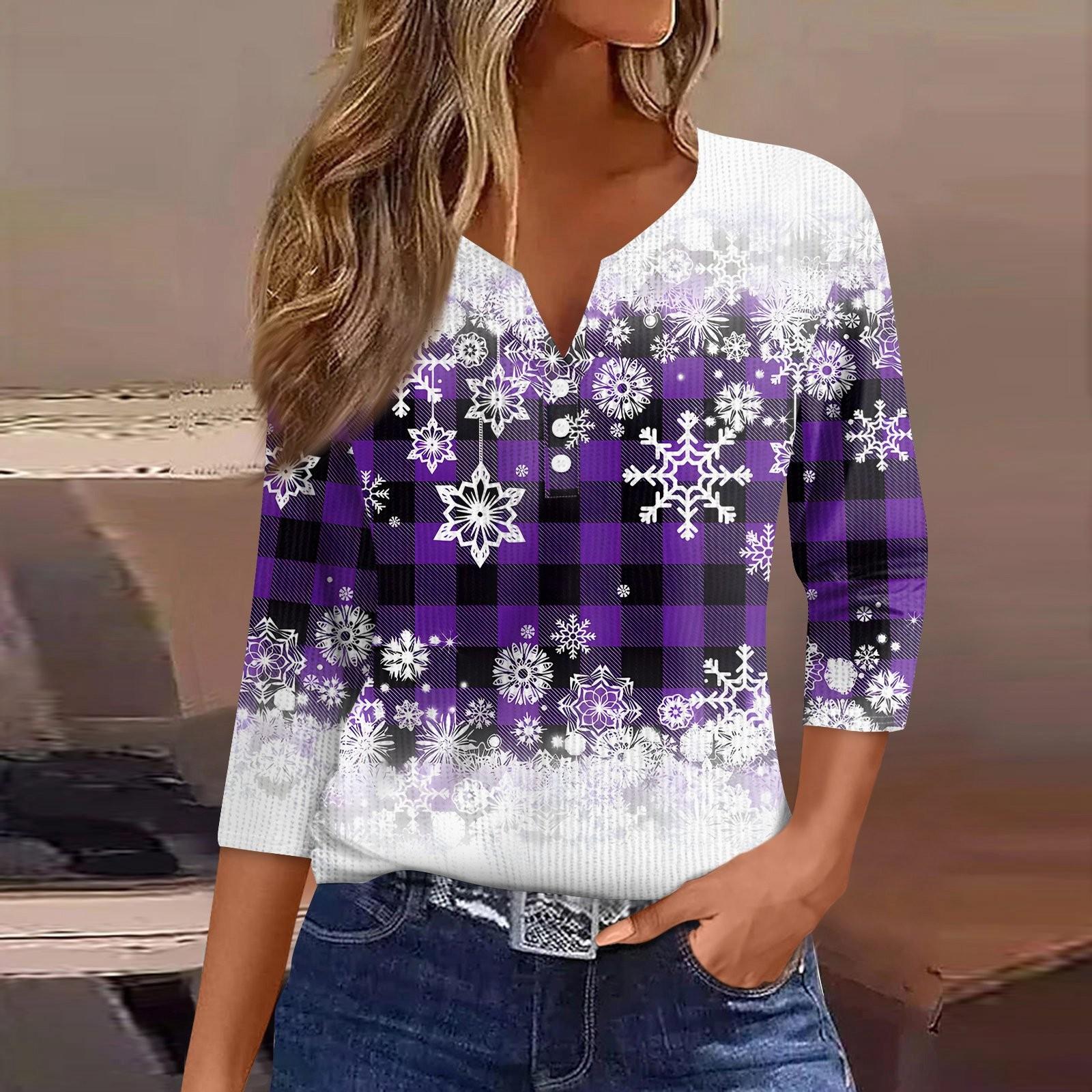 

Женская футболка с рождественским принтом, пуговицами, рукавом 3/4, вязаный свитер, повседневный, модный, с V-образным вырезом, обычный топ M фиолетовый