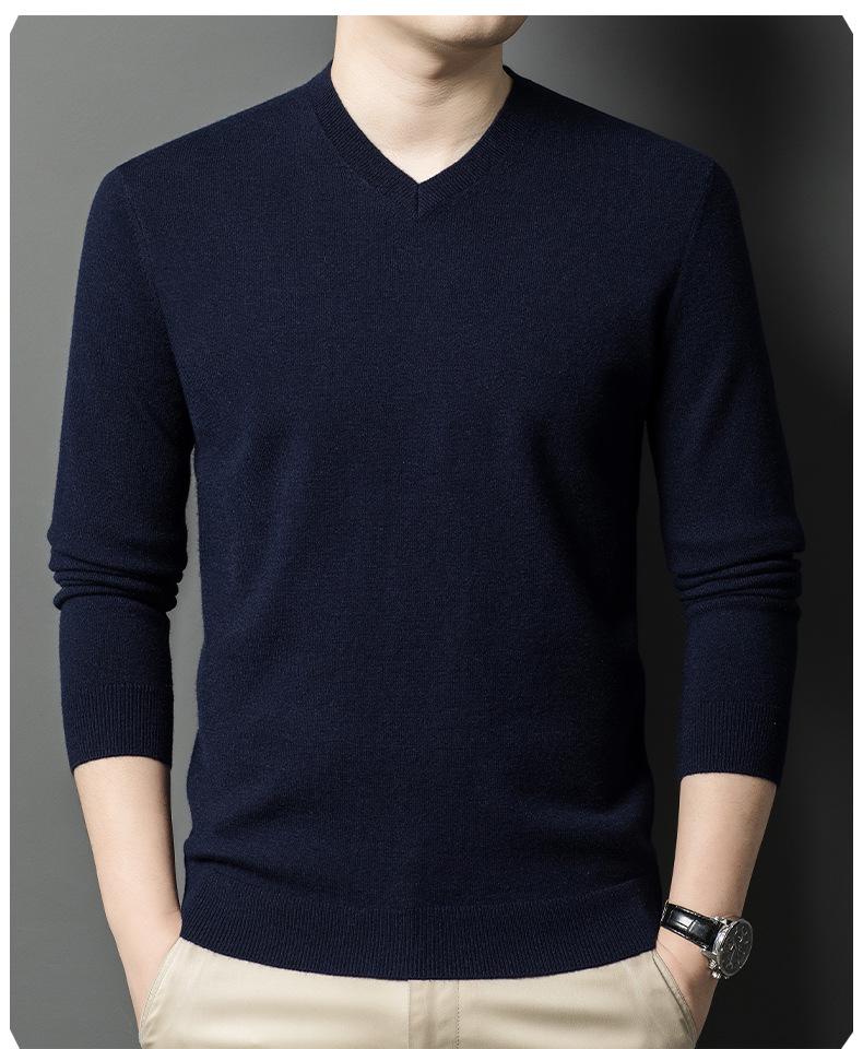 Men's Casual V-Neck Solid Color Knit Sweater - Autumn/Winter Long Sleeve Base Layer