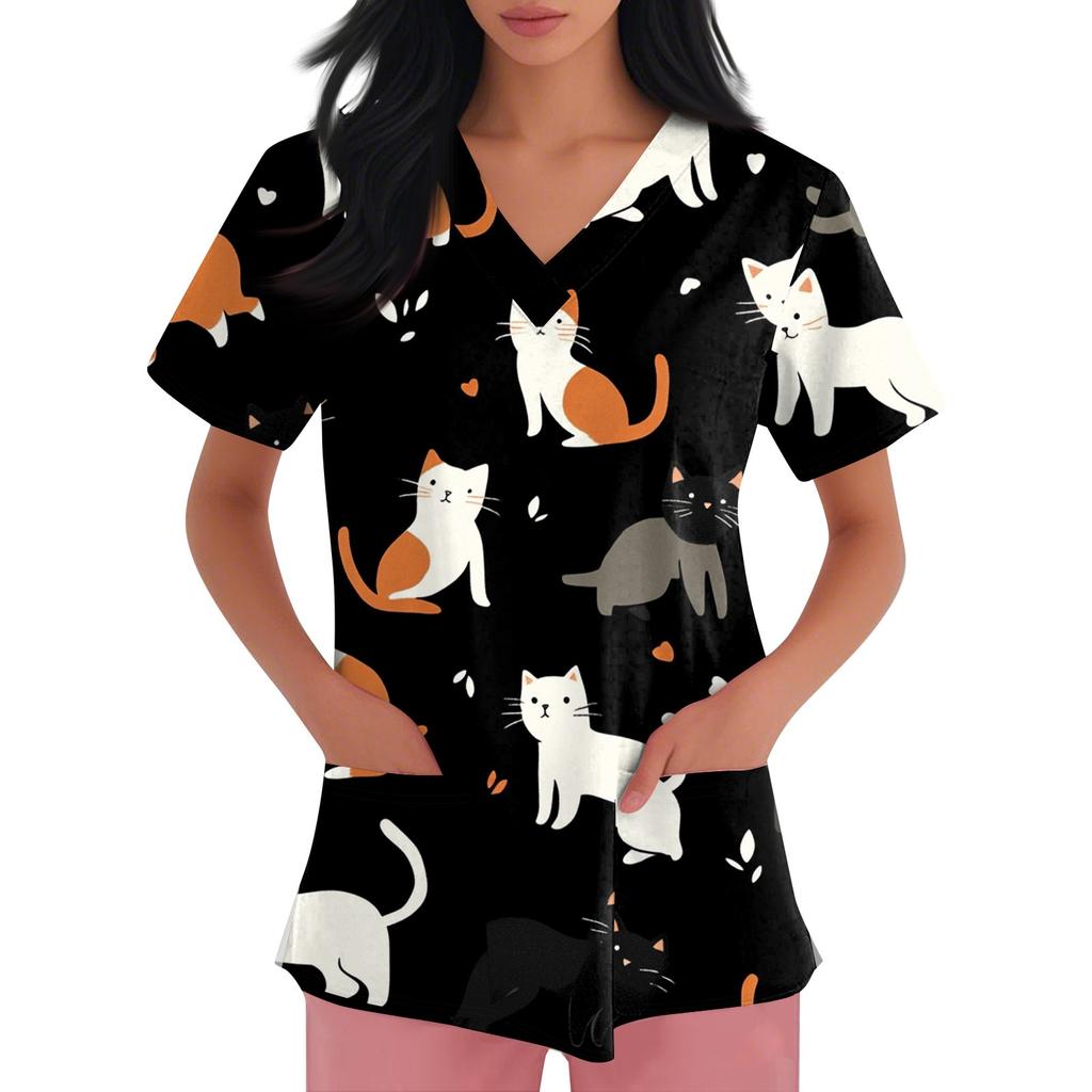 Women's Fashion Short Sleeve Cute Animal Printed V-Neck Pocket Workwear Tops