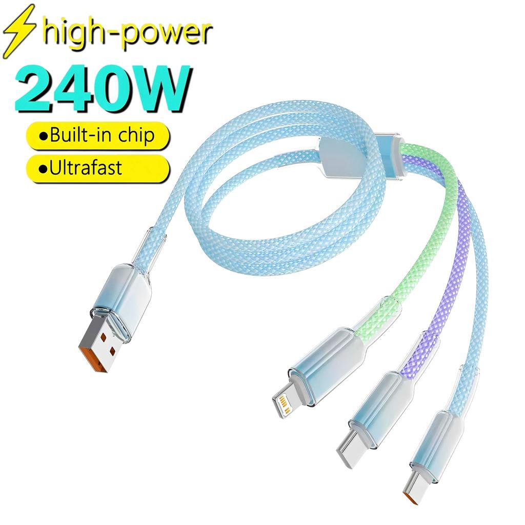 240W Geflochtenes Drei-in-Eins-Datenkabel mit Farbverlauf für Macbook iPhone Samsung Xiaomi Typ-C Schnellladekabel