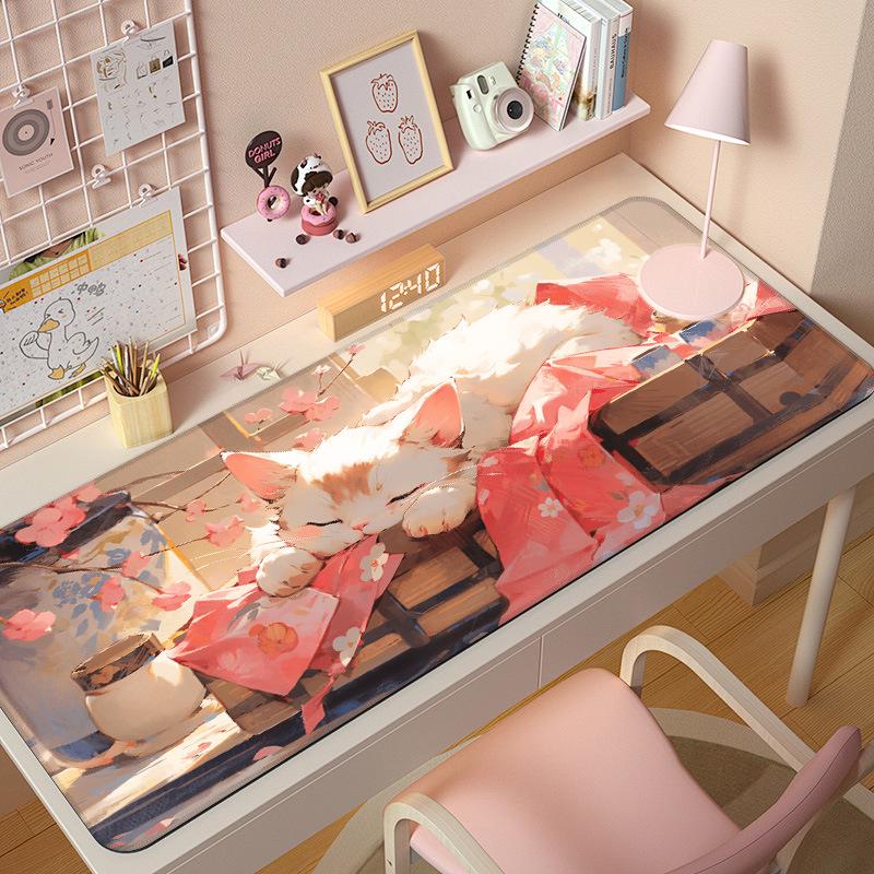 Extra Large Cute Cat Cartoon Mouse Pad with Stitched Edges - Aesthetic Desk Mat for Girls