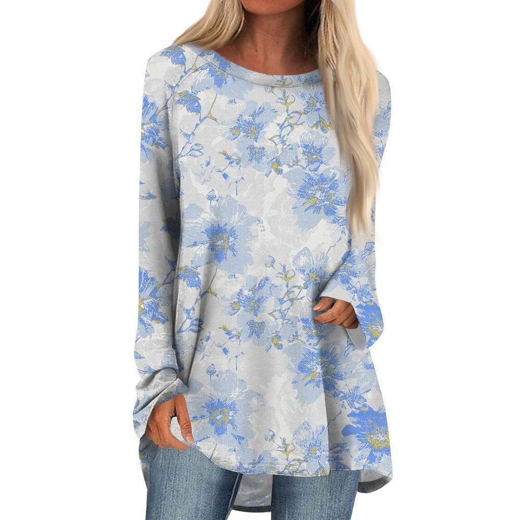 Women's Fashion Casual Long Sleeve  Print Round Neck Pullover Top Blouse