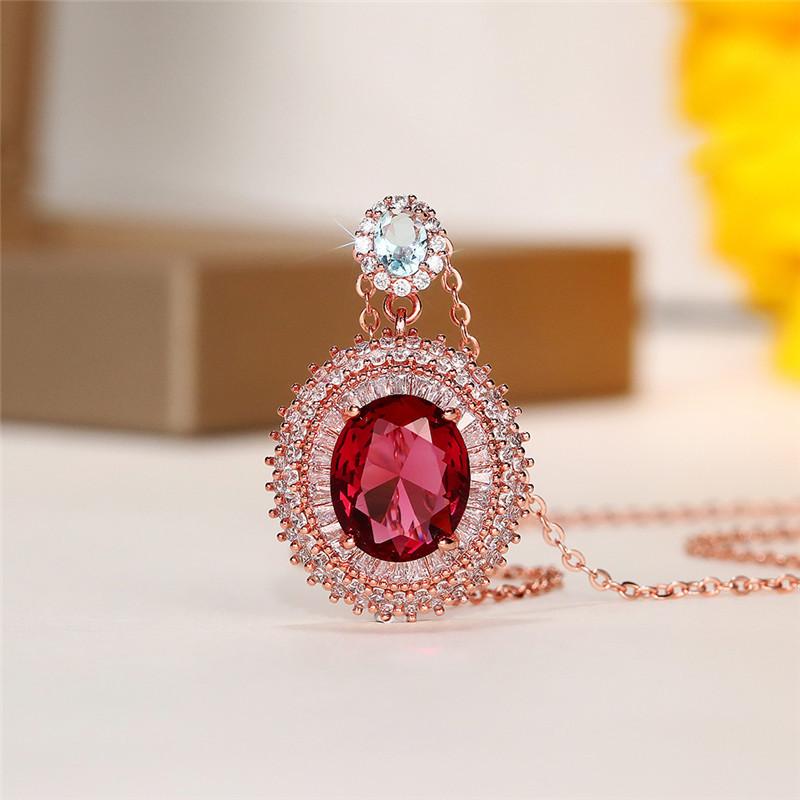 Oval Red Center Stone Pendant Necklace Double Halo Design Sparkling Statement Jewelry for Women