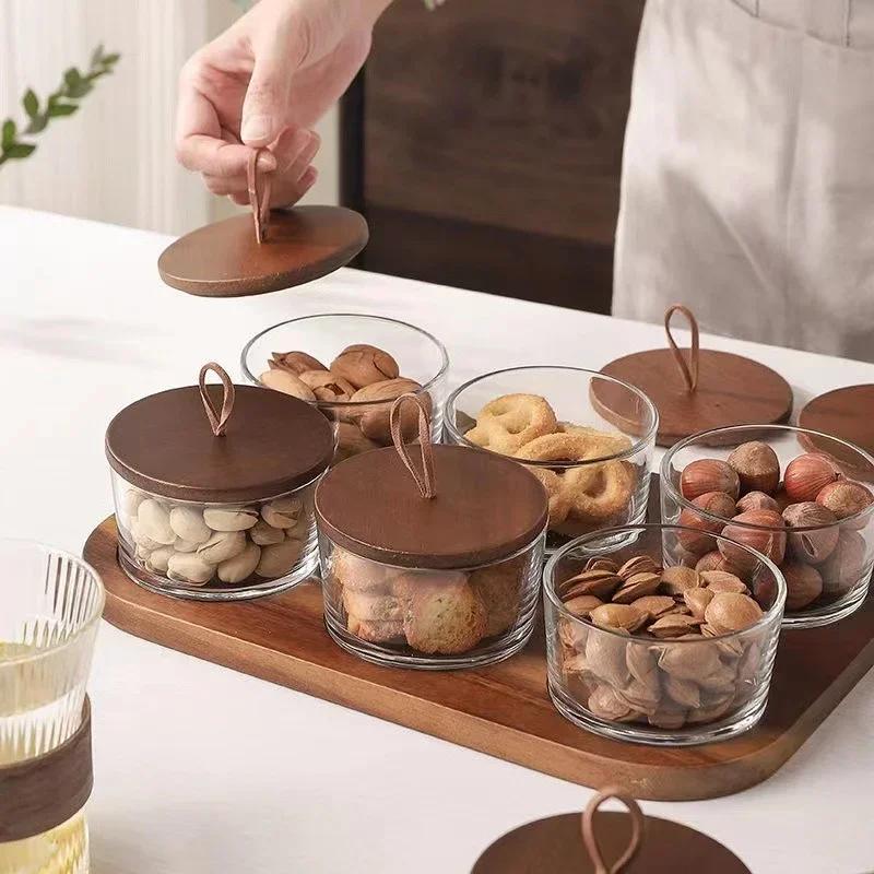 Glass Storage Bottle Divided Dried Fruit Tray with Wooden Lid Dried Fruit Snack Storage Bottle Wooden Tray Household Snack Tray