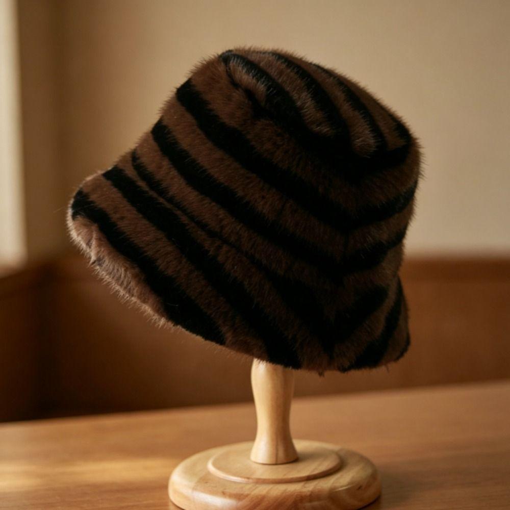 Fluffy Striped Fisherman Hat Faux Fur Basin Hat New Bonnet Cap