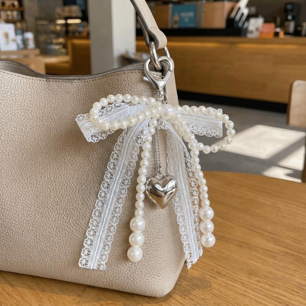 Zinc Zinc Alloy Pearl Keychain Heart Clasp Hanging Keyring Girlish Bow Bag Pendant Handbag Decoration