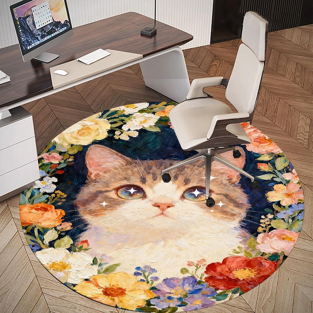 1pc cat flowers Round Chair mat office Area Rug - Non-Slip, Floor Mat for Office, Bedroom, and Indoor Decor p127027