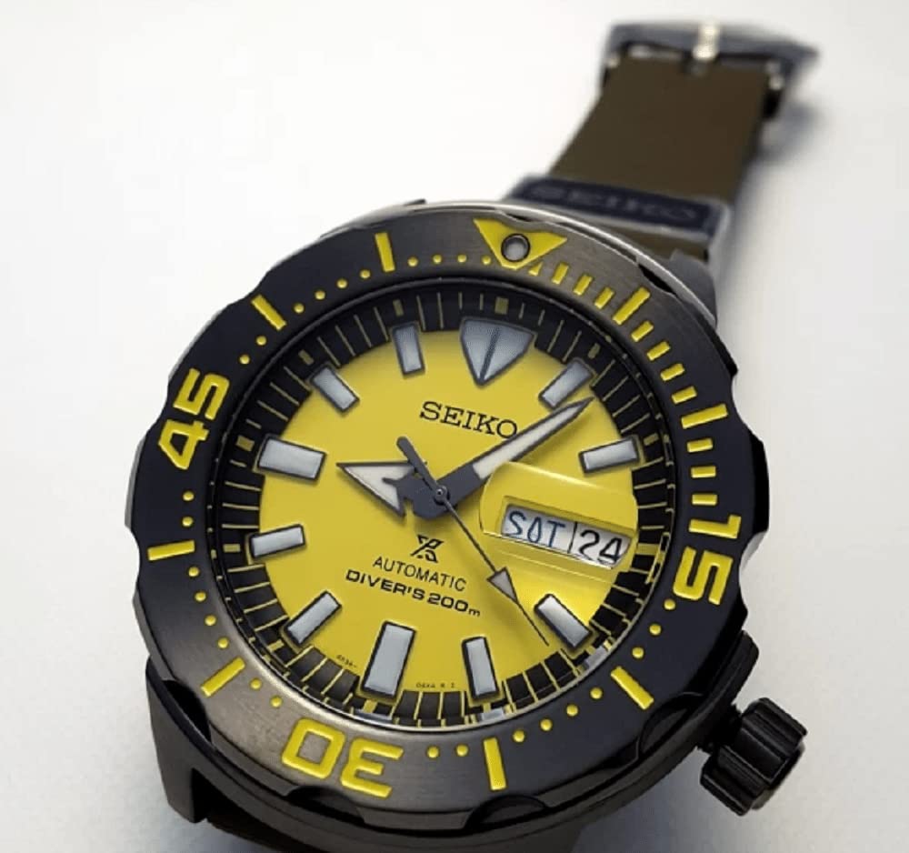 Seiko Prospex Monster 200m Automatic Gray Plated Case Yellow Dial Watch Diver's SRPF35K1, Diver.
