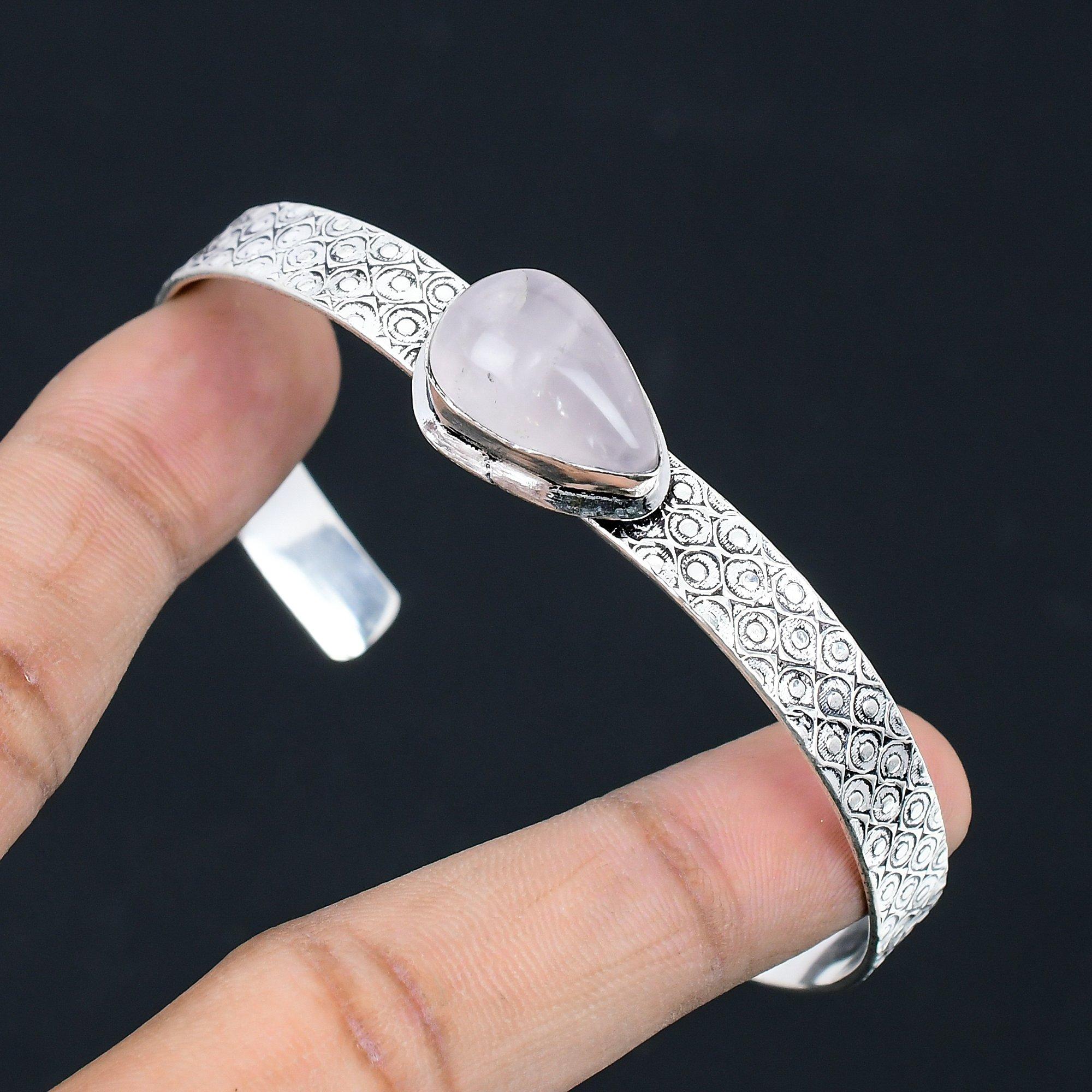 

925 Silver Pear Rose Quartz Stone Mother Birthday Artisan Trendy Handmade Bangle Adjustable