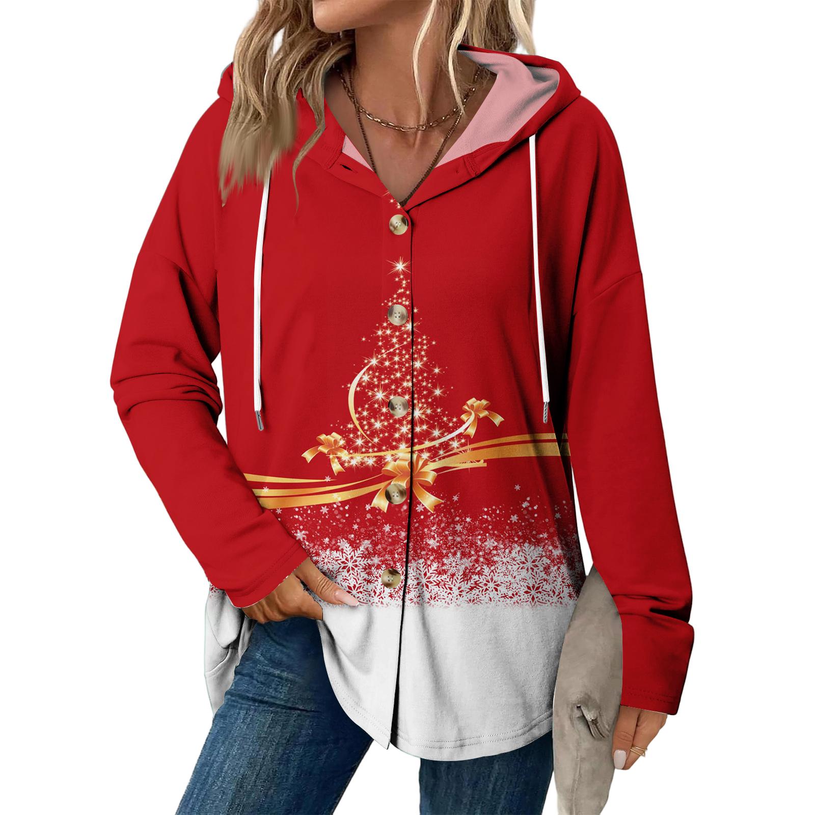 

Рождественская женская мода Повседневная куртка с длинным рукавом реглан на кулиске Винтажная куртка на пуговицах с капюшоном XL