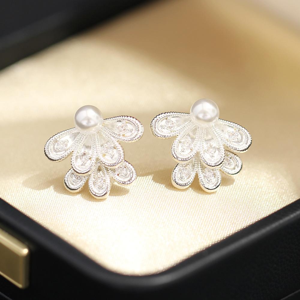 New Chinese lace half fan butterfly double pearl flower stud earrings femininity exquisite high-end earrings earrings