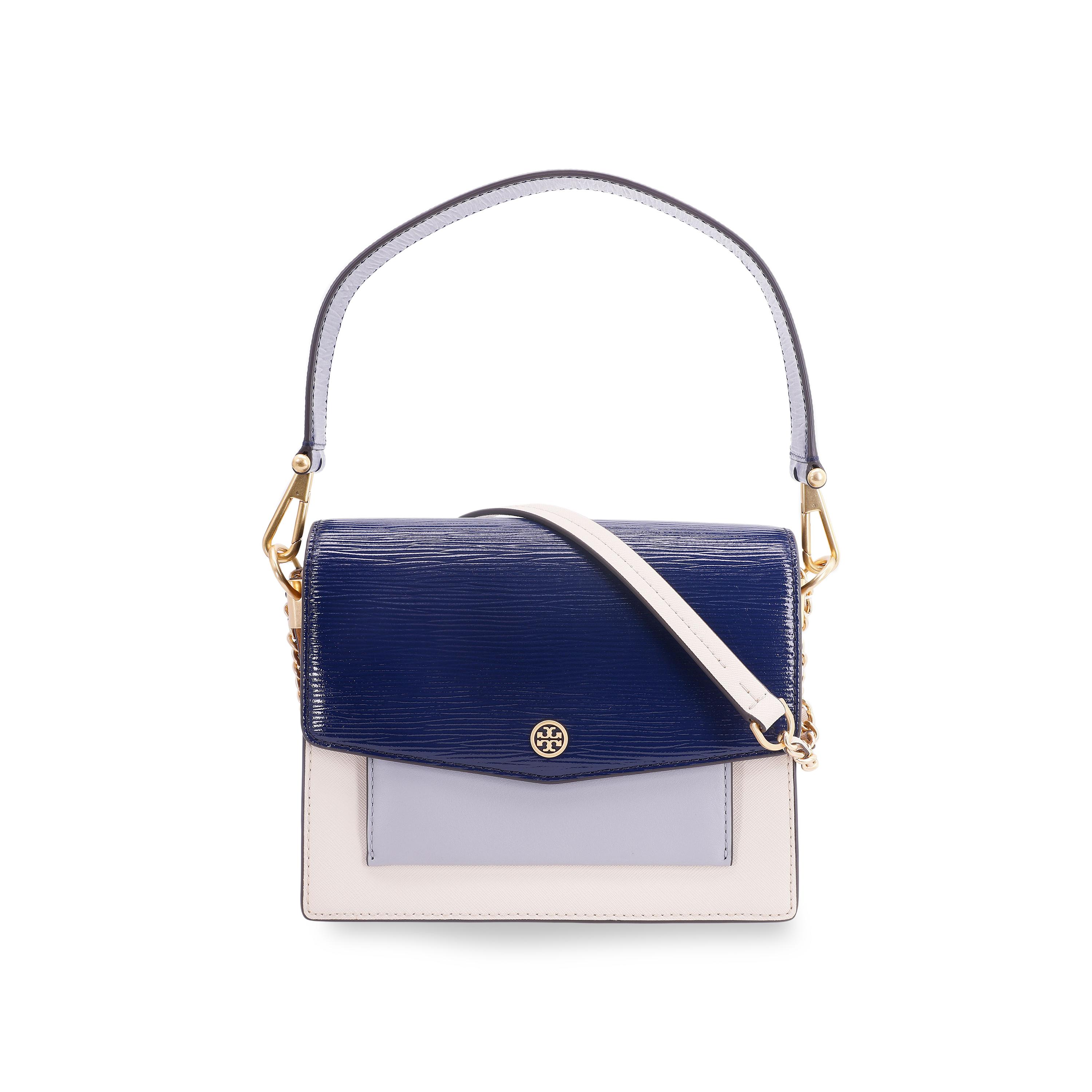 Tory Burch Robinson Color Block Woven Chain Leather Backpack Women Shoulder Bag Navy-Blue 74610-403 Basic Set (Bag+Dust Bag)
