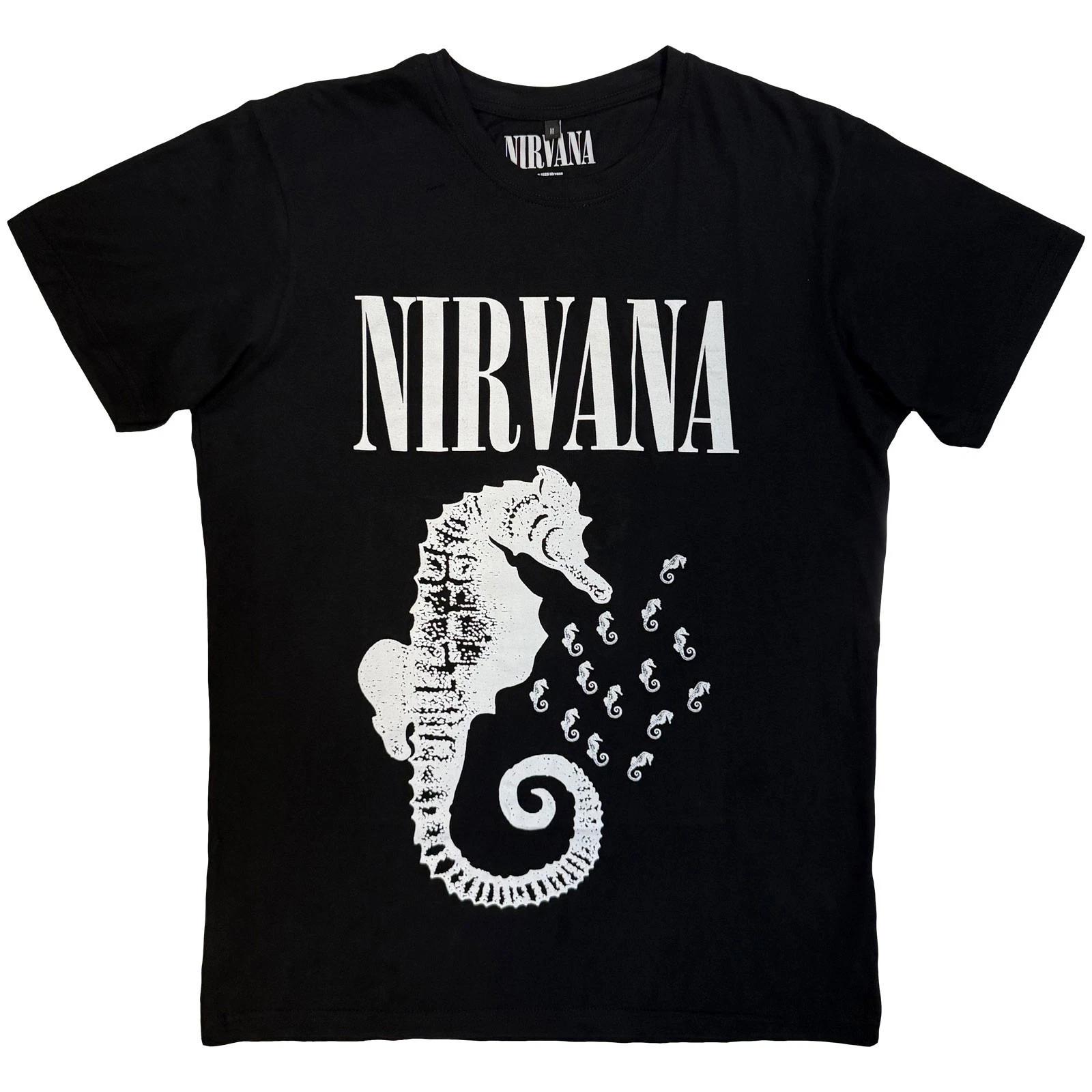 Nirvana Seahorse and Logo Mono Premium Carbon Authorized Mens T-Shirt 4XL