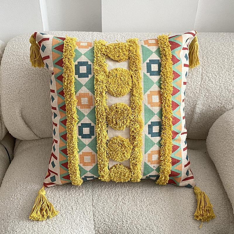 Boho Tufted Throw Pillow Cover with Handwoven Stripes Tribal Bohemian Cotton Hand Woven Tufted Square Cushion Covers JAF076