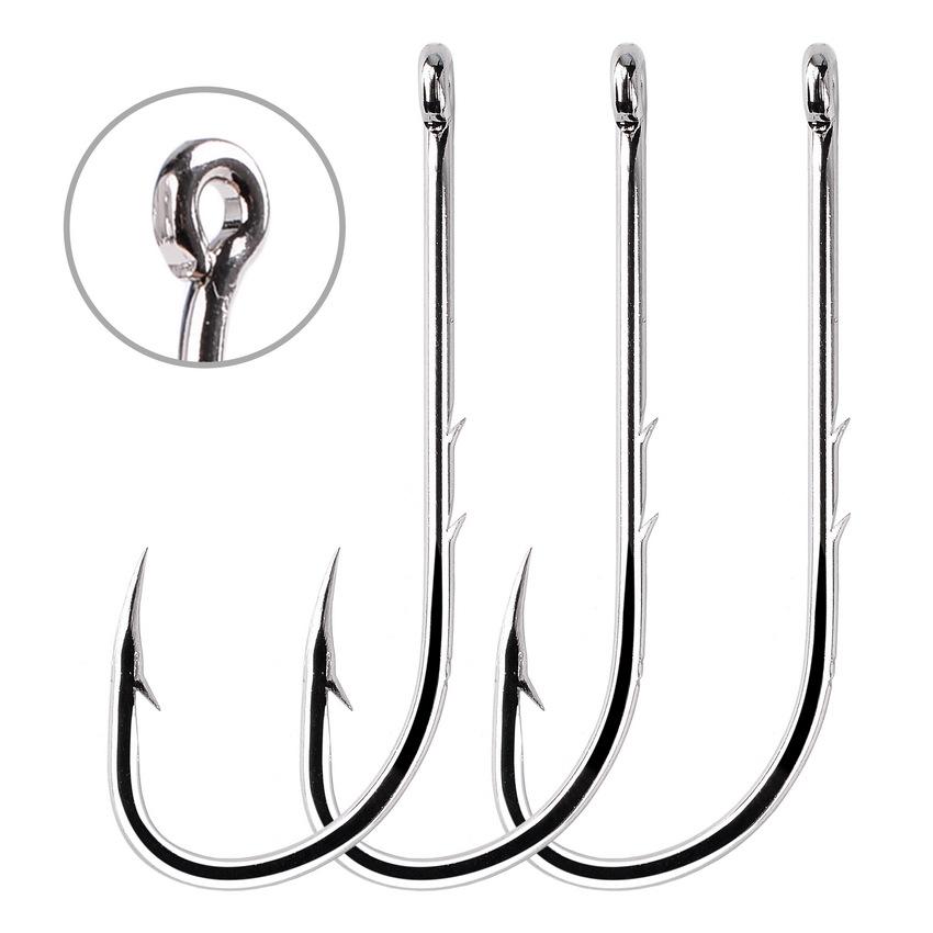 100pcs High Carbon Steel Barbed Fishing Hooks with Ringed Shank, Double Back, Long Shank, Straight Eye for Sea Fishing
