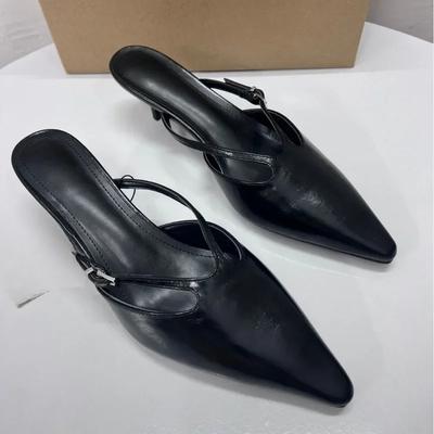 Elegantes Mules de Punta para Mujer Sexy Correa Negra con Hebilla Traf Casual Fiesta Damas Sandalias de Tacón Alto Verano Slingbacks