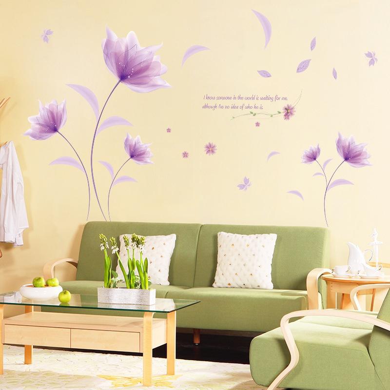 Romantic Purple Flowers Wall Sticker Love Living Room Bedroom for Home Decor Art Decals Background Stickers Wallpaper Decoration
