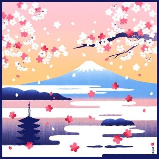 Hamabunyo Picture Cloth (Furoshiki 50cm) Sea Clouds Fuji Cherry Blossoms