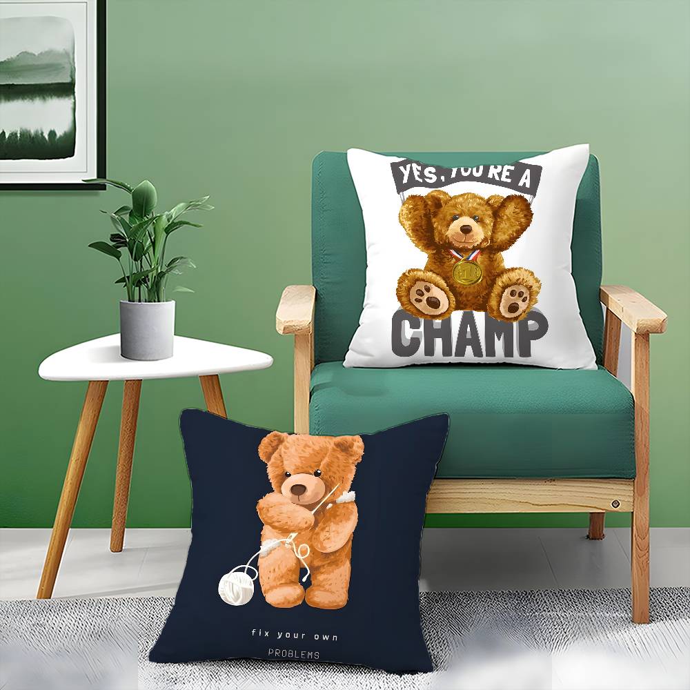 Childish-hearted And Friends Teddy Bear-B Pillow Case Comfort Sofa Bed Silky Elegant Invisible Zipper Decorative Cushion Cover