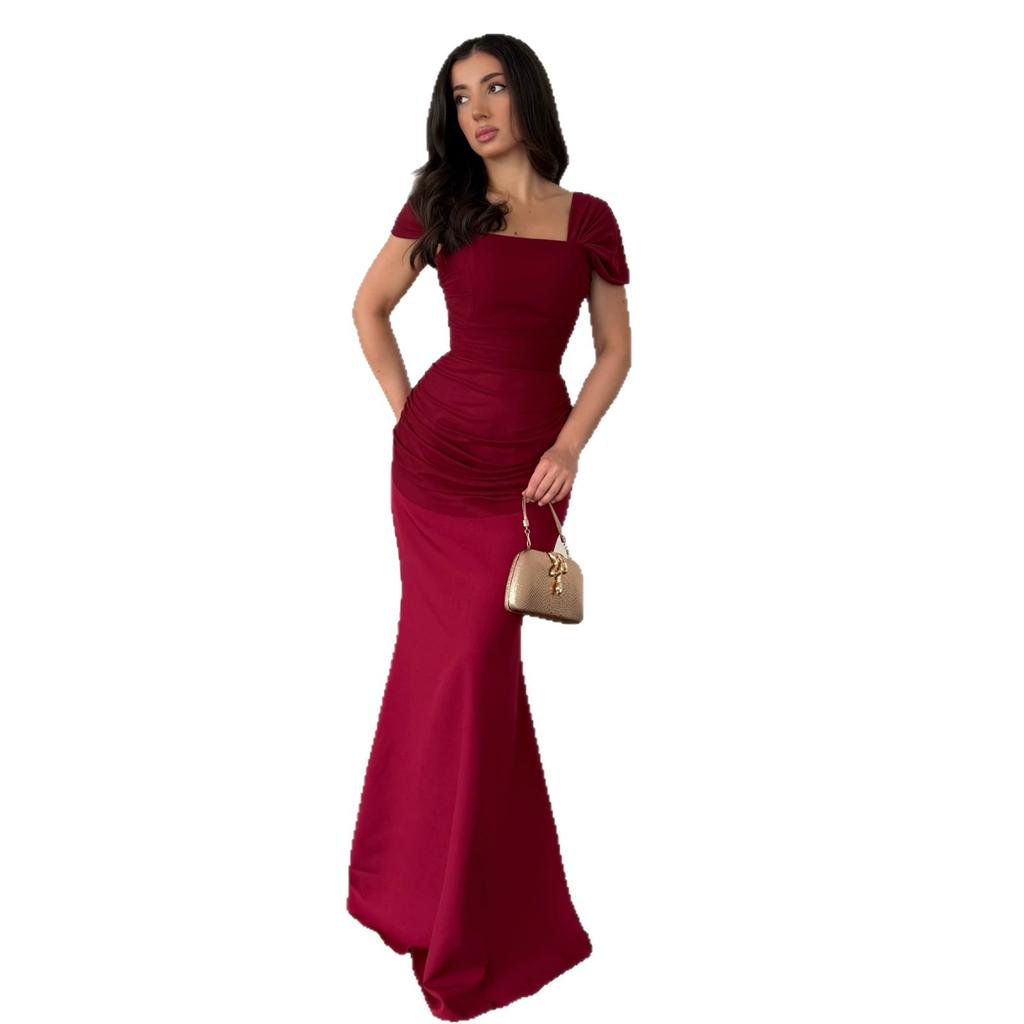 Spring and Summer New European and American Women's Clothing Square Neck Short Sleeve Waist Dress Skinny Pleated Hip Wrap Long Dress