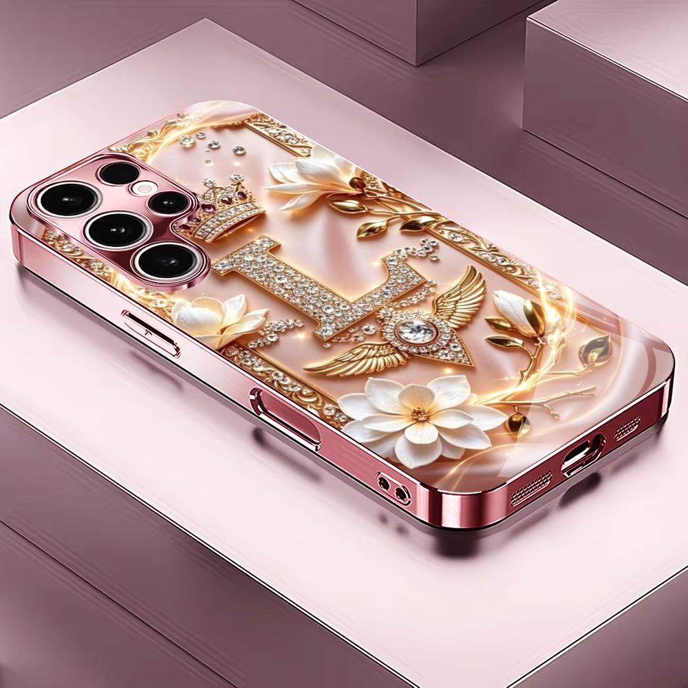 Diamond Letter L Crown phone case s26 ultra case quad lock glass for Samsung Galaxy S26 S25 S24 S23 S22 FE,Ultra,Plus