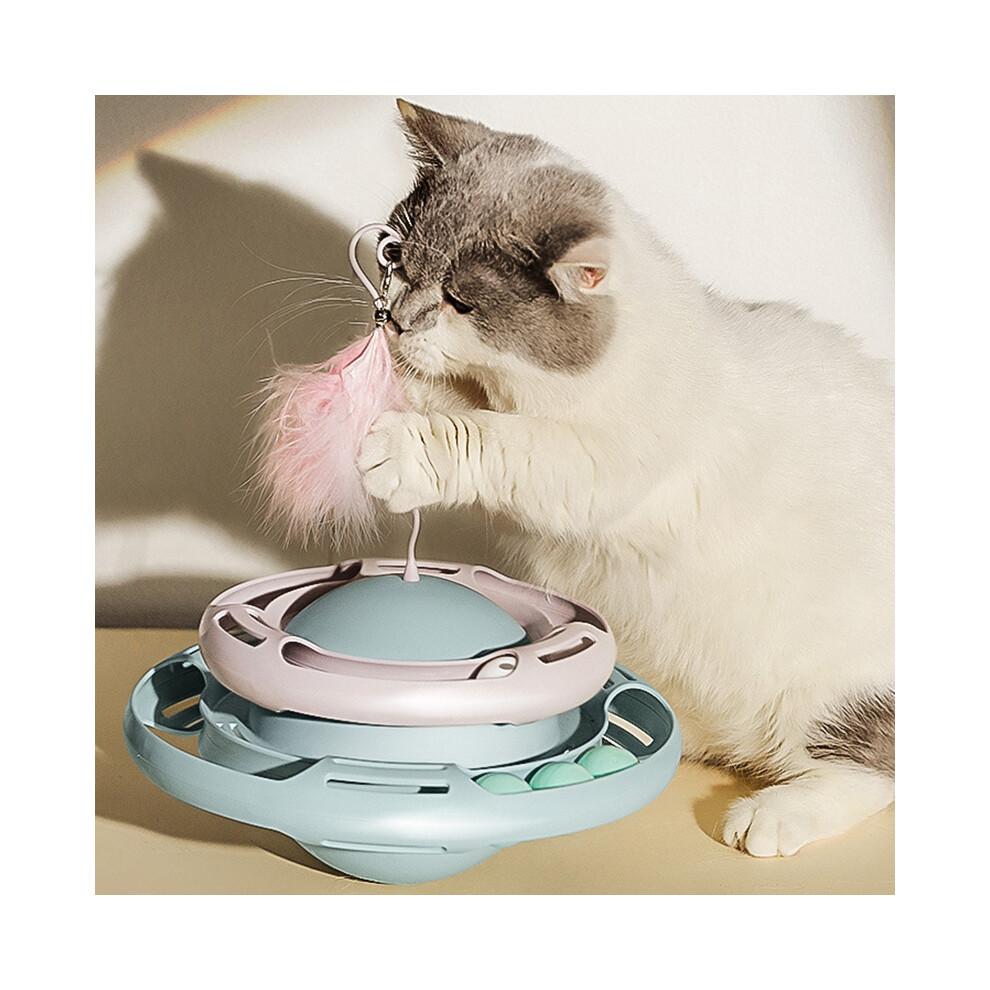 Langsamfresser Katzenspielzeug mit rotierenden Bällen und interaktivem Federstab, 3-in-1 kreisförmiges Drehteller-Design für Gewichtsmanagement und Selbstunterhaltung, S