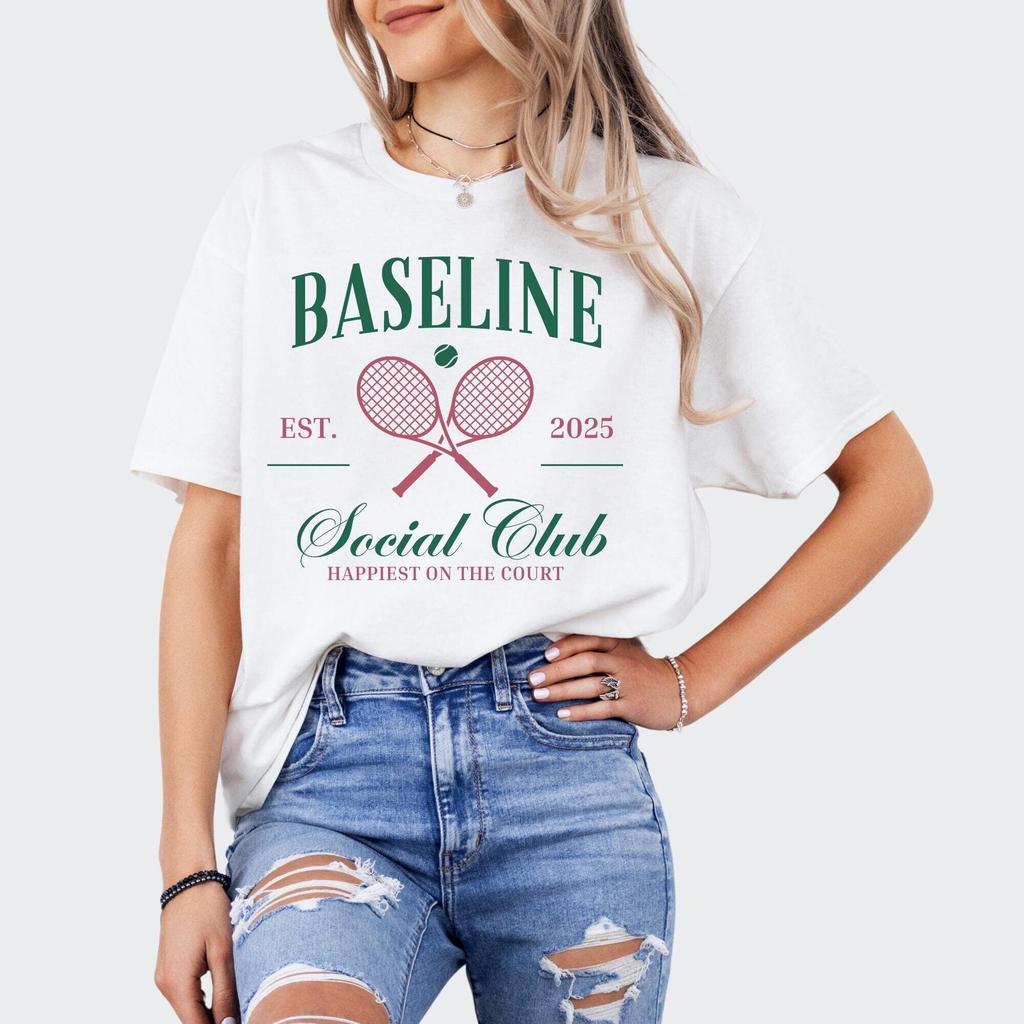 Baseline Social Club Custom Tennis Shirt, Happiest on the Court Tennis T-Shirt, Preppy Outfit, Personalized Tennis Gifts
