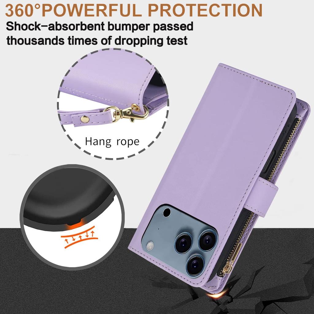 Wallet Case for iPhone 17 Pro Max Air, Adjustable Crossbody Zipper Purse Case Card Holder with Kickstand , Flip Folio Case