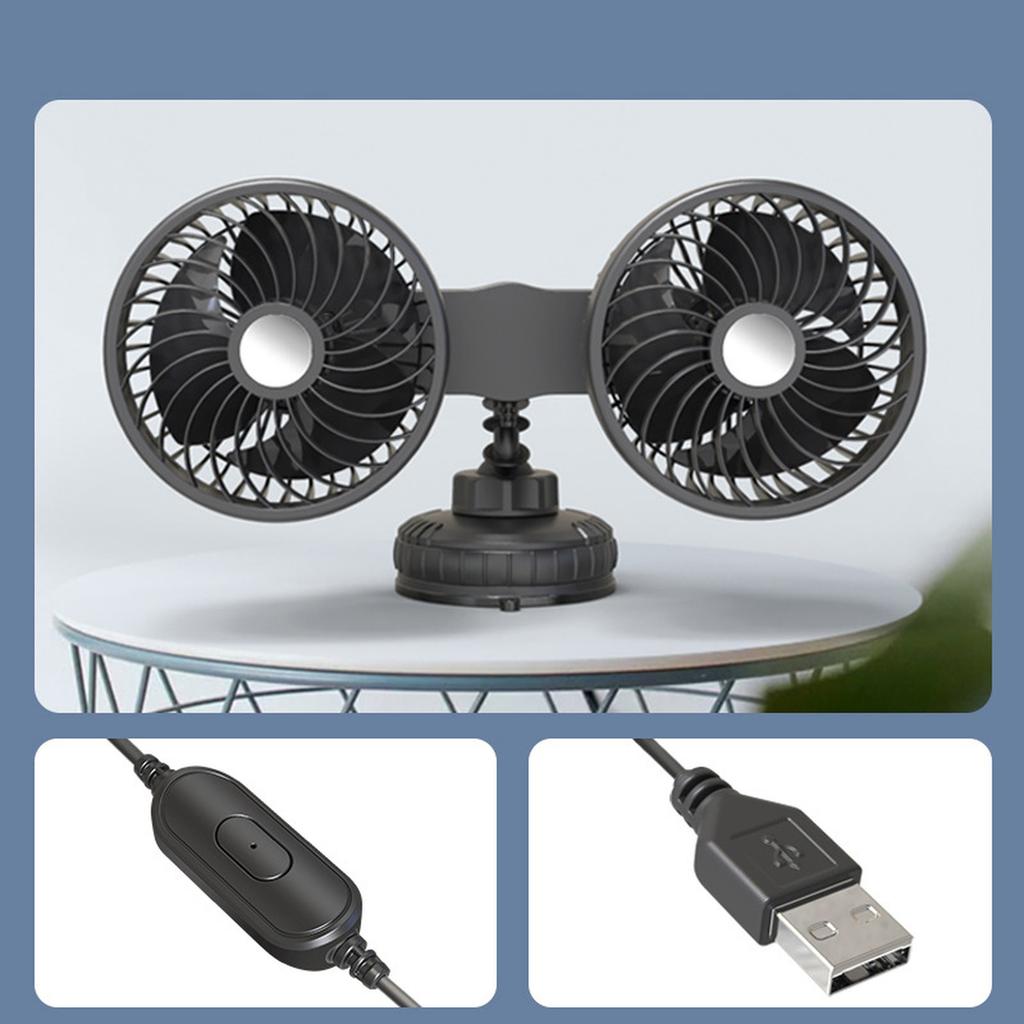 Dual Head Car Fan USB Powered 5V Portable Vehicle Cooling Fan with Suction Cup Mount Adjustable Angle for 12V 24V Cars Trucks