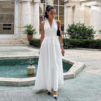 White Cotton V-neck Halter Dress Sexy Backless Women's Lace Up A-line Dresses Waist Up Big Skirt Fashion Beach Vacation Dress Summer New