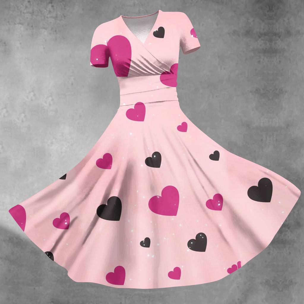 Women's Princess Dress Sexy V-neck Valentine's Day Print Waist Pull Pleated Short Sleeve Dress