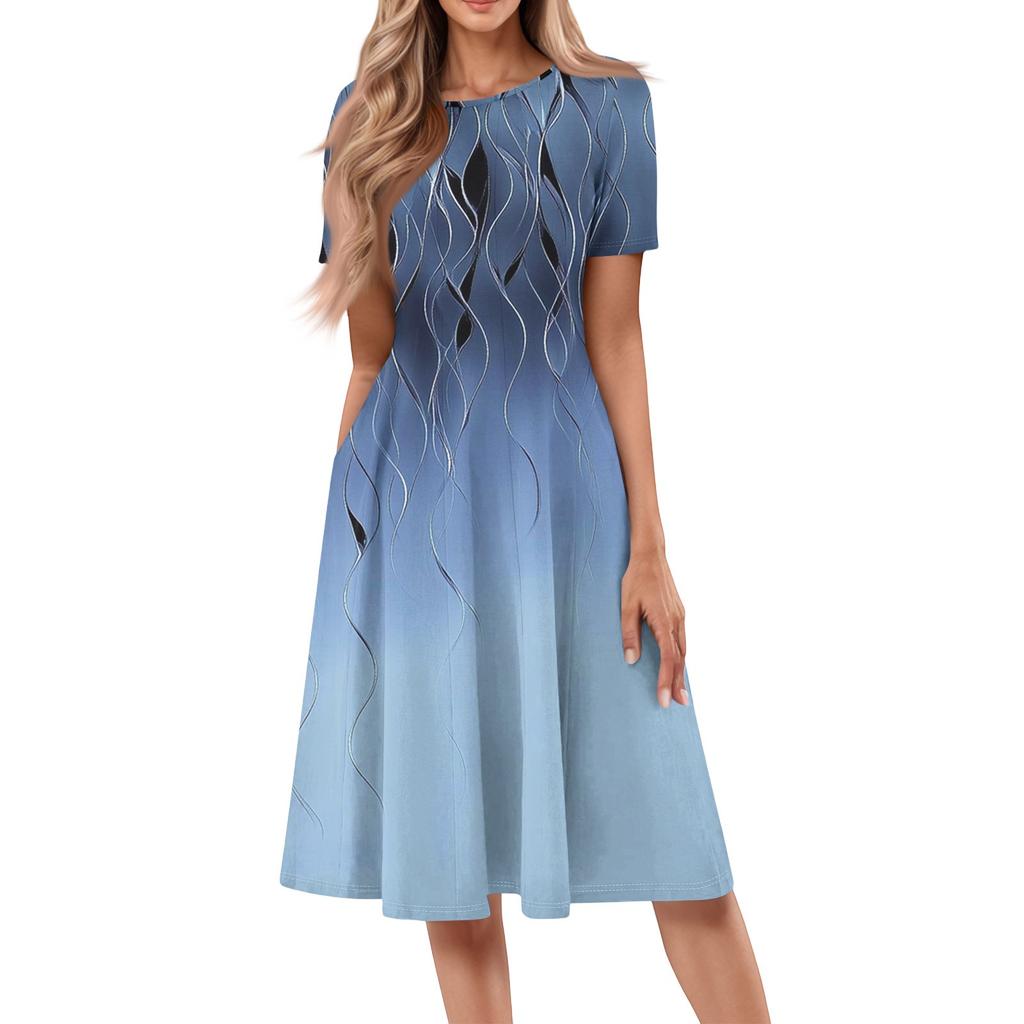 Women's Casual Fashion Round Neck Short Sleeve Print Midi Dress