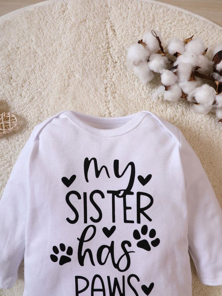Baby Winter And Fall Onesie Long Sleeves “MY SISTER HAS PAWS” Round Neck 100% Cotton Triangle Onesie