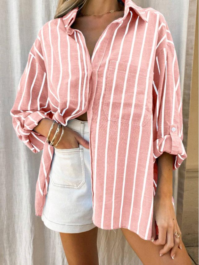 

2025 Women s Loose Fit Drop Shoulder Long Sleeve Pocket Casual Shirt - Spring/Summer Small рожевий