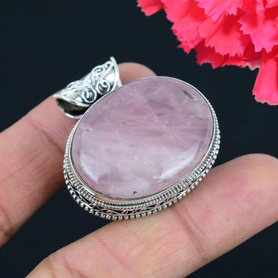 Pingente de pedra preciosa de quartzo rosa, pingente de prata esterlina 925 sólida, presente de joia para unissex