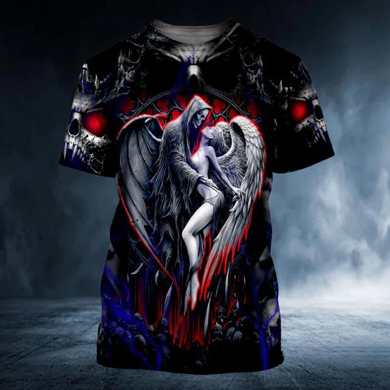 

Summer Round Neck 3D Skull Angel Graphics Print Top Fashionable Casual Short Sleeved Men s T-shirts XS