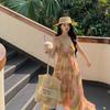 Holiday Style Print Neck Sling Dress Women's Island Beach Photo Long Skirt