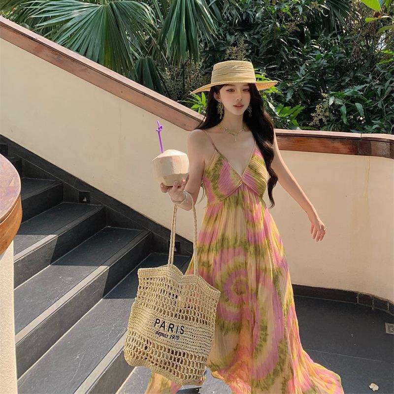 Holiday Style Print Neck Sling Dress Women's Island Beach Photo Long Skirt