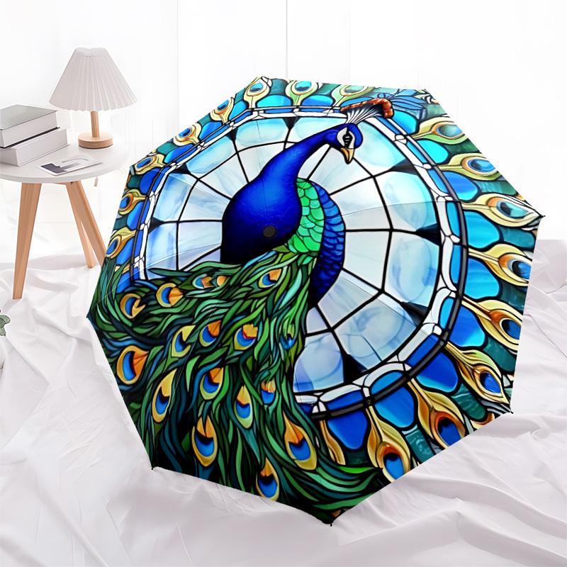 1pc Peacock StainedGlass Automatic Open/close, Heavy-Duty Iron Frame & 8-Rib structure, Compact Folding Umbrella for Women/Men, All-Season Travel, Hal