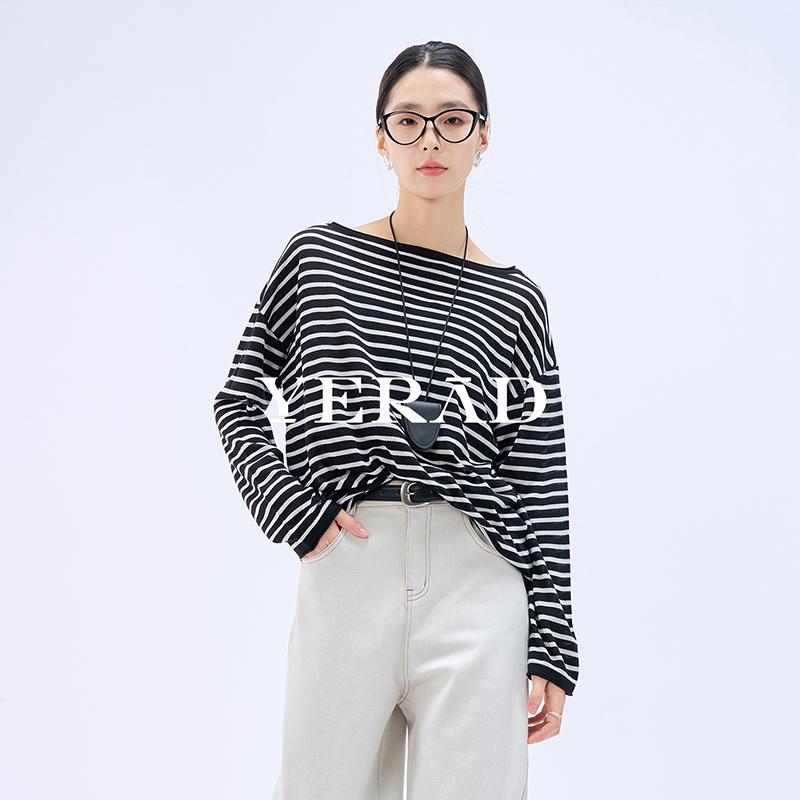 Loose linen acetate striped knitted sweater for women's T-shirt with loose texture