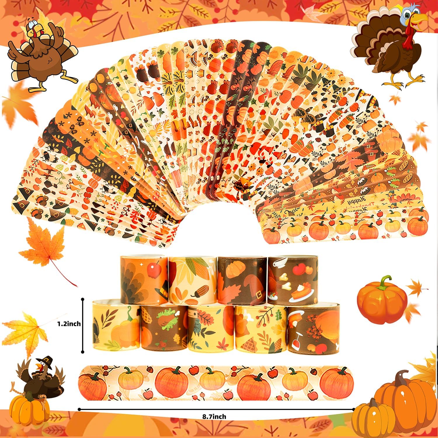 48Pcs Thanksgiving Slap Bracelets Thanksgiving Party Favors for Kids Thanksgiving Gifts for Kids Autumn Maple Leaf Turkey Pumpkin Slap Bracelets for