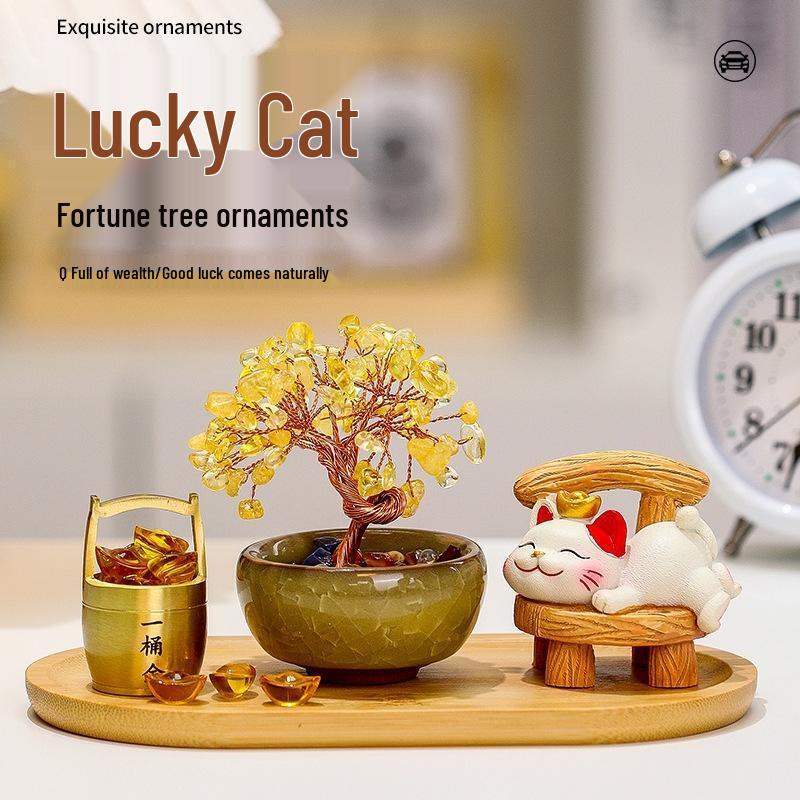 SEE KEAN Fortune Tree with Lucky Cat & Crystal Decor